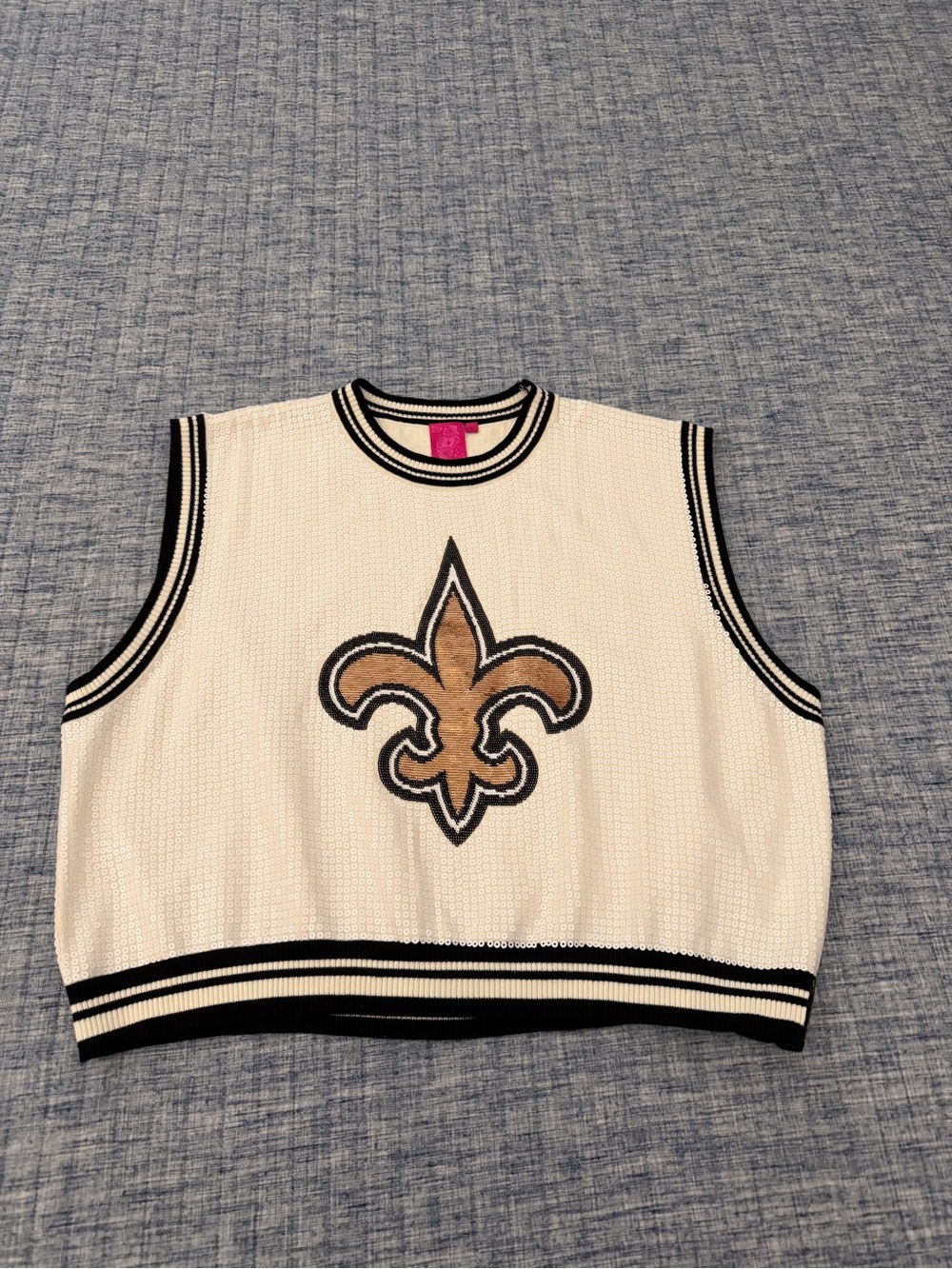 QUEEN OF SPARKLES Cream and Black Fleur-de-Lis Knit Vest with Gold Emblem